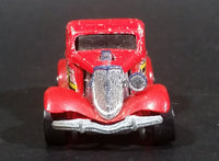 Rare 1987 Hot Wheels 3-Window '34 Red w/ Yellow White Black ZZ Die Cast Toy Car Hot Rod Vehicle