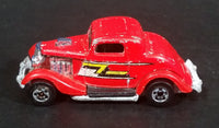 Rare 1987 Hot Wheels 3-Window '34 Red w/ Yellow White Black ZZ Die Cast Toy Car Hot Rod Vehicle