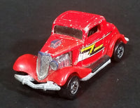 Rare 1987 Hot Wheels 3-Window '34 Red w/ Yellow White Black ZZ Die Cast Toy Car Hot Rod Vehicle