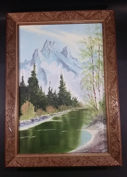 Signed Painting of a Creek or River with a Mountain View Wood Framed on 16" x 24" Canvas - By D. Neufeld - Treasure Valley Antiques & Collectibles