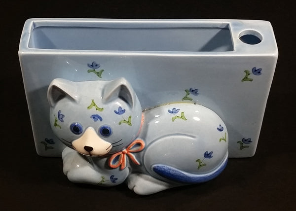 Vintage Otagiri Japan Light Blue Cat Kitten Porcelain Pen Pencil Paper Notepad Memo Holder - Treasure Valley Antiques & Collectibles