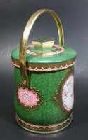 Vintage Murray Allen Imported Quality Confections Enchantress Green Pink Cameo Style Tin Container with Handle - Treasure Valley Antiques & Collectibles