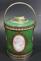 Vintage Murray Allen Imported Quality Confections Enchantress Green Pink Cameo Style Tin Container with Handle - Treasure Valley Antiques & Collectibles