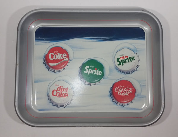 1986 Enjoy Coca-Cola Diet Coke Sprite Soda Pop "Snow Cap Tray" Silver Metal Beverage Serving Tray - Treasure Valley Antiques & Collectibles