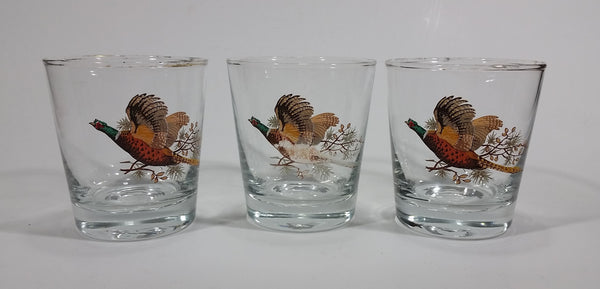 Set of 3 Vintage Libbey Pheasant Hunting Game Bird Gold Rimmed 5" Rocks Glasses - Treasure Valley Antiques & Collectibles