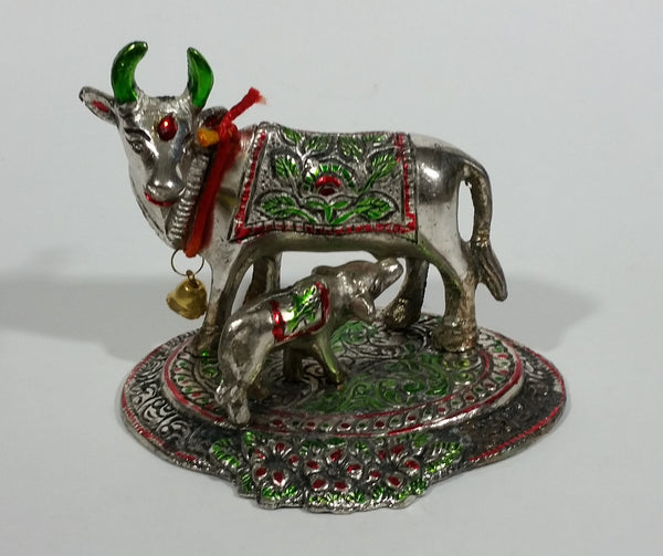 Vintage Oxidized Painted Metal India Sacred Cow with Calf Feeding Metal Decorative Figurine - Treasure Valley Antiques & Collectibles