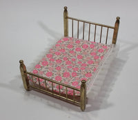 Vintage Brass Metal Doll House Bed Miniature With Thin Pink and White Mattress - Made in Taiwan - Treasure Valley Antiques & Collectibles