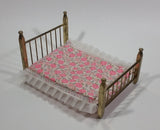 Vintage Brass Metal Doll House Bed Miniature With Thin Pink and White Mattress - Made in Taiwan - Treasure Valley Antiques & Collectibles