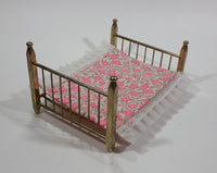 Vintage Brass Metal Doll House Bed Miniature With Thin Pink and White Mattress - Made in Taiwan - Treasure Valley Antiques & Collectibles