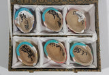 Vintage Set of 6 Hand Painted Miniature Chinese Colored Clay Mud Opera Masks In Light Brown Patterned Hinged Silk Lined Box