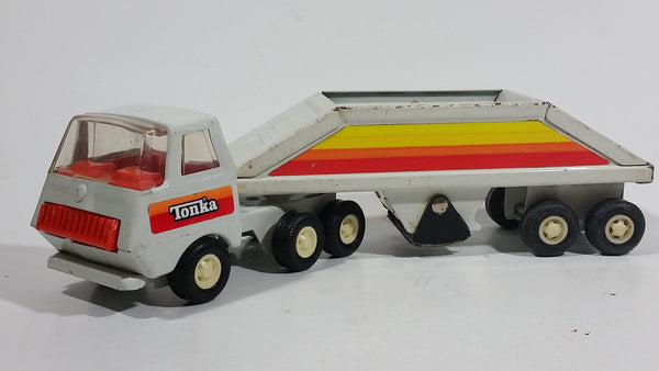 Vintage Tonka Semi Tractor Trailer Truck Gravel Hauler with Bottom Dumper Transport Rig White and Orange Pressed Steel Toy Car Vehicle