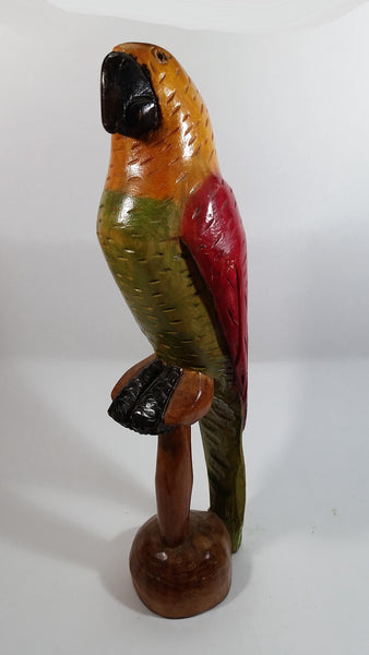 Vintage Hand Carved Wooden Parrot Perched on a Stand Sculpture