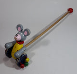 1960s Wooden Mouse Toy on Wheels Push Pull Stick Walking Play Wood Rolling Balls - Treasure Valley Antiques & Collectibles