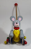 1960s Wooden Mouse Toy on Wheels Push Pull Stick Walking Play Wood Rolling Balls - Treasure Valley Antiques & Collectibles