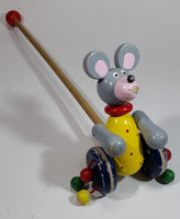 1960s Wooden Mouse Toy on Wheels Push Pull Stick Walking Play Wood Rolling Balls - Treasure Valley Antiques & Collectibles