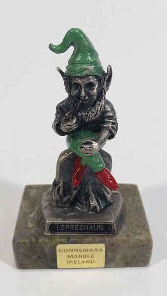 Vintage Metal Leprechaun Smoking Pipe Figurine on Connemara Ireland Marble Base Travel Collectible