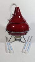 2007 Hershey's Kisses 100th Anniversary Dark Red Ceramic Lidded Chocolate Kiss Drop Shaped Lidded Fondue Dish with Stand Candle and 4 Serving Fork Sticks