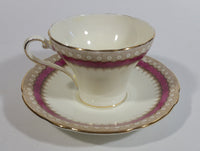 Antique c. 1934 Aynsley Bone China Maroon Red and Gold Floral Tea Cup & Saucer Set - Rare Mixed Flower Pattern