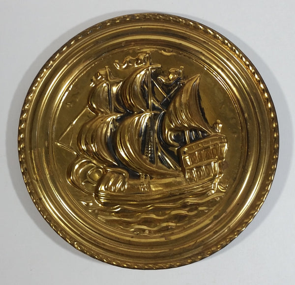 Vintage Galleon Ship Sail Boat Hammered Brass Decorative Wall Plate Nautical Sailing Collectible