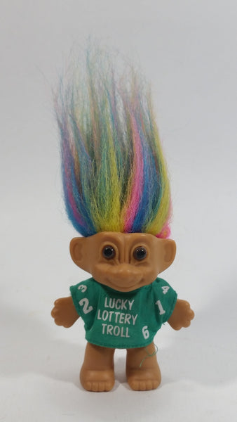 Vintage 1980s Russ Lucky Lottery Troll with Rainbow Hair and Green Shirt Collectible Toy Figure