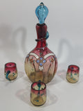 Antique Colored Art Glass Enamel Hand Painted Cruet Decanter With Stopper and 3 Glass Cups