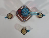 Antique Colored Art Glass Enamel Hand Painted Cruet Decanter With Stopper and 3 Glass Cups