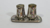 Vintage Mother of Pearl and Metal Salt and Pepper Shakers with Tray