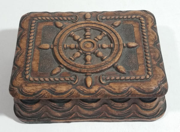 Vintage Syroco Captain Ship's Wheel Boat Brown Wood Trinket Keepsake Box Nautical Collectible