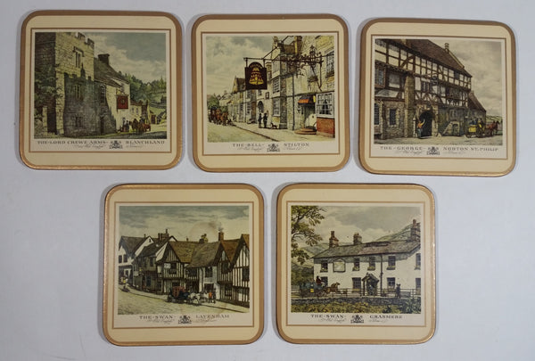 Vintage Set of 5 Pimpernel Celluware Old English Inns 4" x 4" Cork Backed Coasters Made in England