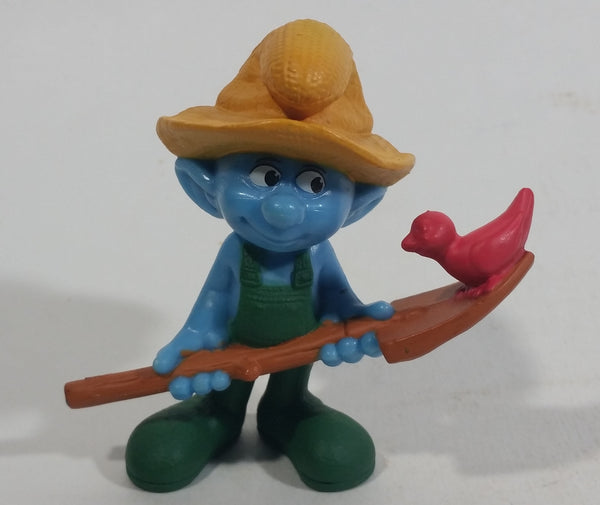 2011 Peyo "Farmer" Smurf Holding Shovel with Bird PVC Toy Figure McDonald's Happy Meal