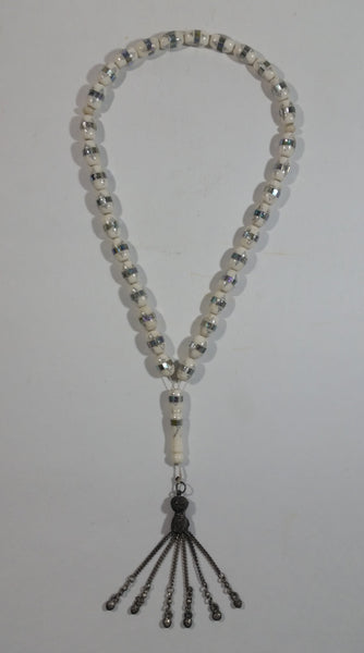 Mother of Pearl Banded Wrapped White Bead Necklace With Hanging Metal Chained Heart Charms