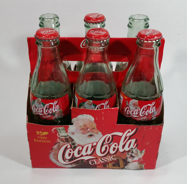 1999 Coca-Cola Classic Soda Pop Limited Edition Santa Claus 6-Pack of Empty 8 oz. Glass Bottles with Paper Carrier (4 Lids)