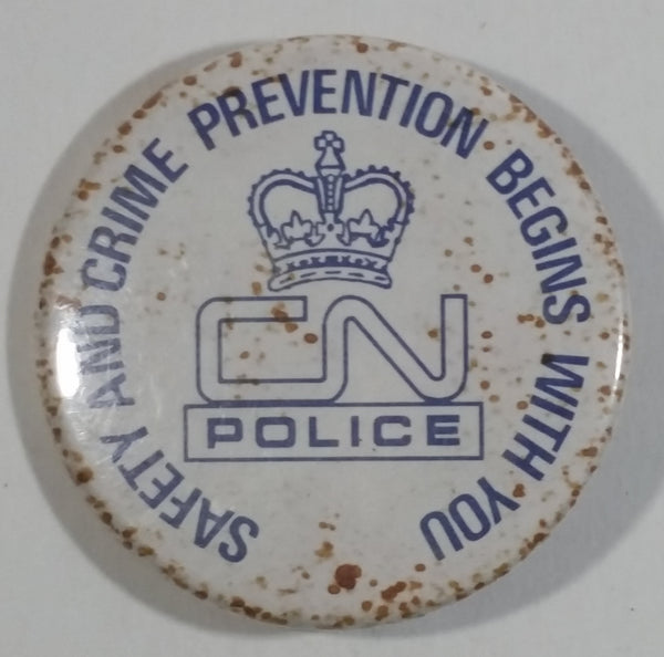 Vintage Canadian National Railway CN Police Safety And Crime Prevention Begins With you Circular Round White Button Pin - Railroad Colletible