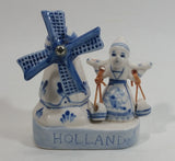 Vintage Beautiful Authentic Delft Deco Holland Rotating Windmill with Woman Carrying Water Pails Blue and White Hand Painted Ceramic Figurine