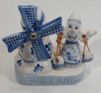 Vintage Beautiful Authentic Delft Deco Holland Rotating Windmill with Woman Carrying Water Pails Blue and White Hand Painted Ceramic Figurine