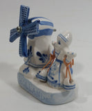 Vintage Beautiful Authentic Delft Deco Holland Rotating Windmill with Woman Carrying Water Pails Blue and White Hand Painted Ceramic Figurine