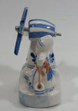 Vintage Beautiful Authentic Delft Deco Holland Rotating Windmill with Woman Carrying Water Pails Blue and White Hand Painted Ceramic Figurine