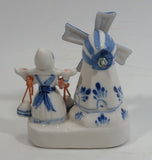 Vintage Beautiful Authentic Delft Deco Holland Rotating Windmill with Woman Carrying Water Pails Blue and White Hand Painted Ceramic Figurine