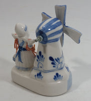 Vintage Beautiful Authentic Delft Deco Holland Rotating Windmill with Woman Carrying Water Pails Blue and White Hand Painted Ceramic Figurine