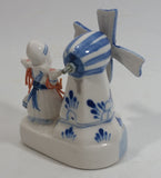 Vintage Beautiful Authentic Delft Deco Holland Rotating Windmill with Woman Carrying Water Pails Blue and White Hand Painted Ceramic Figurine