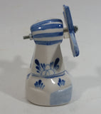 Vintage Beautiful Authentic Delft Deco Holland Rotating Windmill with Woman Carrying Water Pails Blue and White Hand Painted Ceramic Figurine