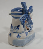 Vintage Beautiful Authentic Delft Deco Holland Rotating Windmill with Woman Carrying Water Pails Blue and White Hand Painted Ceramic Figurine