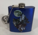 Spoontiques Beautiful 3 Wolves Howling at Full Moon Metallic Blue Stainless Steel Pocket Flask