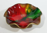 Vintage Seetusee Glassware by Mayfair Scalloped Edge Leather Backed Red Green Gold Art Glass Dish