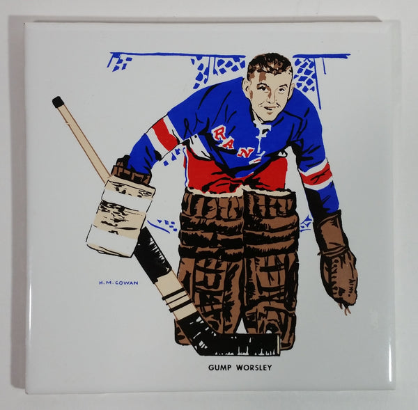 Extremely Rare and HTF Vintage 1962-63 Screenart Products Ltd. H.M. Cowan NHL New York Rangers Ice Hockey Team Goalie Gump Worsley Ceramic Tile Trivet with Cork Backing