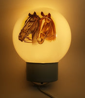 Rare Glass Globe Two Horses Black and Brown White Hanging Plugin Wall Sconce Light Lamp