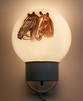 Rare Glass Globe Two Horses Black and Brown White Hanging Plugin Wall Sconce Light Lamp