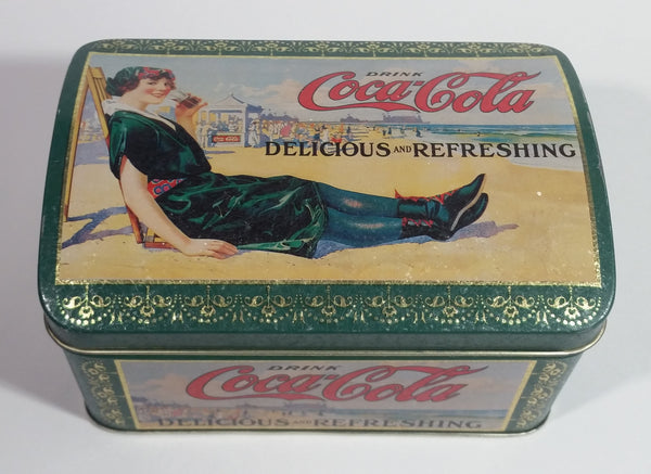 Drink Coca-Cola Delicious and Refreshing Girl on the Beach Green Hinged Tin Container Soda Pop Collectible