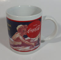 1992 Coca Cola Coke Soda Pop "What I Want is a Coke" 1952 Indoor Poster Blonde Pinup Girl Laying on The Beach White Ceramic Coffee Mug Beverage Collectible