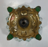 Vintage Teal Green Painted Heavy Glass and Brass Pedestal Ash Tray Smoking Collectible